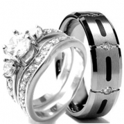 Wedding rings set His and Hers TITANIUM & STAINLESS STEEL Engagement Bridal Rings set (Size Men's 11 Women's 5)