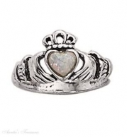 Sterling Silver Small Claddagh Ring White Imitation Opal Heart Size 7
