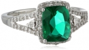 10k White Gold Cushion Simulated Emerald with Round White Diamond Ring, Size 6