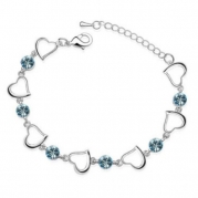 White Gold Plated Hearts Crystals Bracelet - Aqua Blue