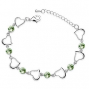 White Gold Plated Hearts Crystals Bracelet - Green