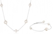 Sterling Silver and White Chinese Freshwater Cultured Pearl Station Necklace and Bracelet Jewelry Set (6-8mm)