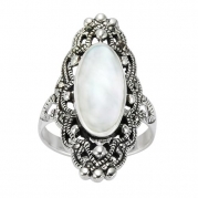 Chuvora .925 Sterling Silver 30 mm long Gorgeous Filigree Design w/ Genuine Marcasite and Natural Mother of Pearl Ring for Women Size 6 - Nickle Free