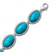 Jewelili Imitation Turquoise Aquamarine and Clear Crystal Bracelet in Sterling Silver, 7.5