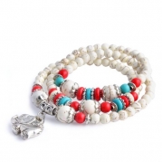 Merdia Jewelry Cream-coloured, Turquoise, Imitation Red Coral Round Beaded Elephant Charm Stretch Bracelet