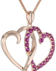Sterling Silver with Pink Gold Plating Created Ruby Twins Heart Pendant Necklace, 18