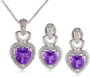 Sterling Silver Amethyst and Diamond-Accented Heart Box Pendant Necklace and Earrings Jewelry Set