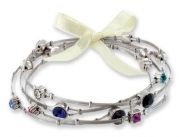 Designer Inspired Womens Whisper Bracelet, Multi-colored Independent Gems of Various Shapes and Sizes Make This Delicate Wire Bangle Set Extraordinary. Gift-ready Organza Pouch Adds to the Elegance. Matching Ribbon Ties the Bangles Together or Can Be Worn