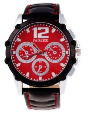 Good&god Men's Big Face Fashion Sport Quartz Wrist Watch Black PU Leather Strap Red Dial