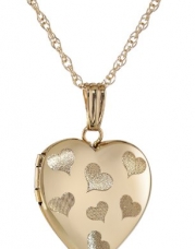 14k Gold Petite Engraved Hearts Heart Locket Pendant Necklace, 18