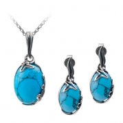 Sterling Silver Imitation Turquoise Oval Earrings Pendant Set Chain 18 Inches