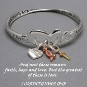 Womens Religious Silver Bible Verse Corinthians, Scriptural Faith, Hope & Love Bracelet with Silver Gold & Copper Color Cross Heart and Fish Charms