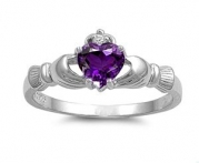 Rhodium Plated Sterling Silver Wedding & Engagement Ring Amethyst CZ Claddagh Ring 9MM ( Size 4 to 10) Size 5