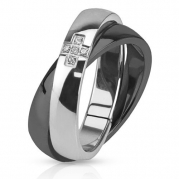 STR-0096 Stainless Steel Combination of Black IP Band Ring with CZ Paved in Cross Band Ring (9)
