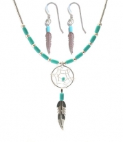 Dream Catcher Sterling Silver Turquoise imitation Necklace Small Feather Earrings Set 18