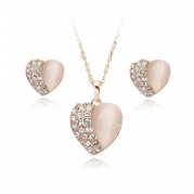 FASHION PLAZA 18K Gold Finish Elegant Clear Crystals and Simulated Opals Heart Stud Earrings and Pendant Necklace Jewelry Set S57