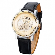 Vantasy Men's Luxury Gold Plated Stainless Steel Hand Wind Skeleton Analog Mechanical Black Leather Wrist Watch