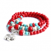 Merdia Jewelry Imitation Red Coral Elephant Charm Green Turqouise Rounded Beaded Stretch Bracelet