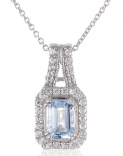Sterling Silver Octagon Shape Aquamarine Round Created White Sapphire Pendant Necklace, 18