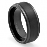 8MM Men's Titanium Ring Wedding Band Black Plated, Brushed Top and Grooved Polished Edges [Size 7.5]