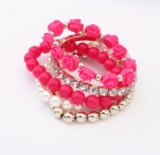Bluesky Brand New 1 Set Acrylic Rose Flower Round Pearl Shining Rhinestone Crystal Elastic Bracelet (Hot Pink)