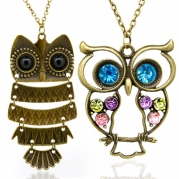 Vintage, Retro Colorful Crystal Owl Pendant and Long Chain Necklace with Antiqued Bronze/Brass Finish (2 Pcs: Design No.1 + No.2)