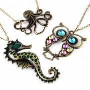 Vintage, Retro Colorful Crystal Owl Pendant and Long Chain Necklace with Antiqued Bronze/Brass Finish (3 Pcs: Design No.1 + Octopus + Seahouse)