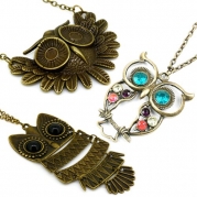 Vintage, Retro Colorful Crystal Owl Pendant and Long Chain Necklace with Antiqued Bronze/Brass Finish (3 Pcs: Design No.1 + No.2 + No.3)