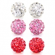 Value Pack, Bling Bling Rhinestones Crystal Fireball Disco Ball Ball Stud Earrings, Stainless Steel, Hypoallergenic (Set D. 6mm x 3 Pairs (White, Lt. Rose Pink, Red))