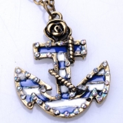 Vintage Marine Era Retro Rose Anchor Imitation Diamond Pendant Long Necklace Sweater Chains