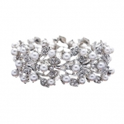 Bridal Wedding Jewelry Crystal Rhinestone Pearl Leaf Stretch Bracelet Silver