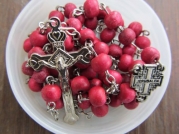Rosary Beads Catholic Necklace Christian Pendant prayer Blessed Wood Long Israel Red