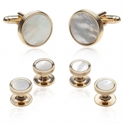 Mother of Pearl and 14kt Gold-Plated Cufflinks and Studs