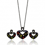 Nickel Free Brass Necklace & Earring Sets Black Rhodium Open Heart With Multi Color Cubic Zirconia Set Pendant Measurement: 20.2mm X 21.8mm Earring Measurement: 15.4mm X 16.7mm Chain: Adjustable 16-18 Inches