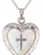 Sterling Silver Heart with Mother-of-Pearl Cross Design Locket Necklace, 19.05''