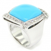 Winning Combination! - Square Large Cocktail Ring with Turquoise & White CZs, .925 Sterling Silver, Size 6