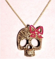 Antique Brass Pink Bows Tie Big Skull Necklace Pendant