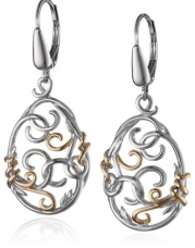 18k Yellow Gold Plated Sterling Silver Two-Tone Filigree Oval Lever Back Drop Earrings