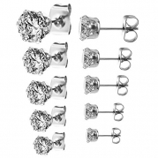 Jinique 316L Stainless Steel Round Clear Cubic Zirconia Stud Earring set (5 Pairs)
