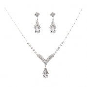 Bridal Wedding Jewelry Set Crystal Rhinestone Necklace V Teardrop Silver Clear