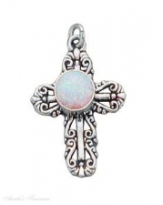 Sterling Silver 18 .8mm Wide Box Chain Necklace With Filigree Imitation Opal Christian Religious Cross Pendant