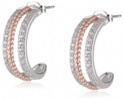Rose Gold Plated Sterling Silver Two-Tone Simulated Diamond Three Row Twisted J-Hoop Earrings