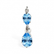 14K White Gold Revered Belly Ring with Double Imitation Aquamarine Teardrop Dangle