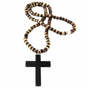 Natural Wooden Bead Christian Necklace with Wooden Cross. Assorted Colors (Black / White)