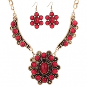 Yazilind Vintage Bronze Alloy Flower Inlay Red Turquoise Bib Statement Necklace Earrings Set Women 23