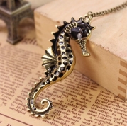 DGI MART Antique Brass Black Sea Horse Pendant with Long Chain Necklace