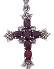Sterling Silver 18 .8mm Wide Box Chain Necklace With Imitation Garnet Marcasite Christian Religious Cross Pendant