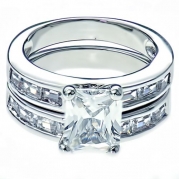 3 Carats Rectangular Cubic Zirconia Baguette Accents Rhodium Plated Brass Engagement Wedding Ring Set