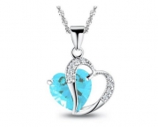 KATGI Fashion Sterling Silver Plated Diamond Accent Blue Swarovski Elements Heart Shape Pendant Necklace