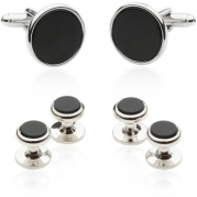 Tuxedo Cufflinks and Studs - Black Onyx with Silver Tone with Gift Box